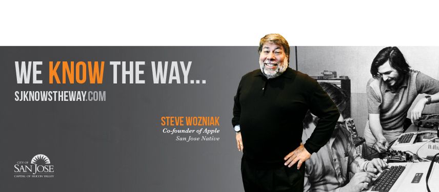 Woz We Know the Way campaign billboard in San Jose featuring local talent and vibrant graphics designed by Clear Digital.