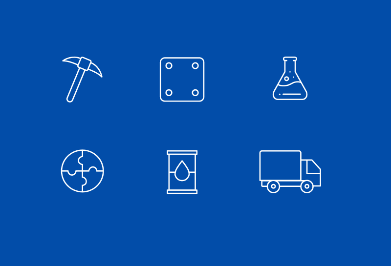 Set of six white line icons on a blue background representing mining, metal plate, chemical flask, global puzzle, fuel barrel, and delivery truck.