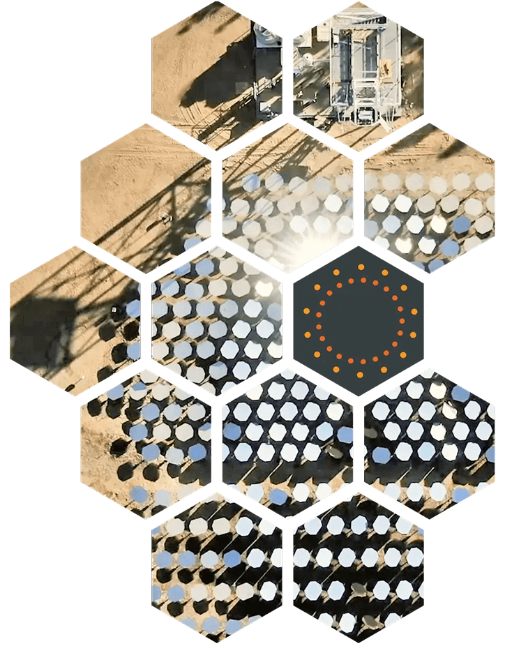 Hexagonal collage showing Heliogen's heliostat solar concentrator field and equipment from multiple angles.