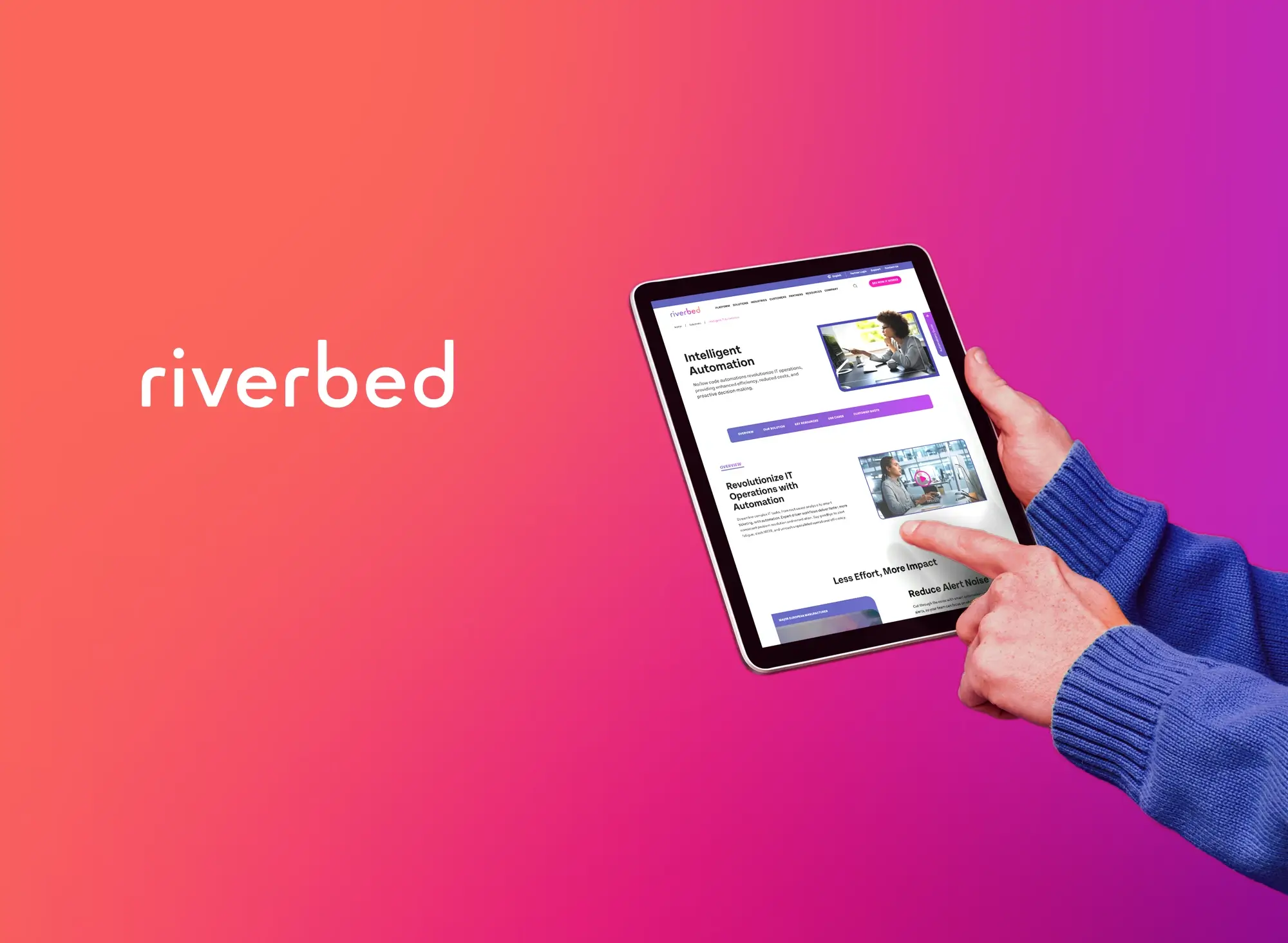 Riverbed branded graphic featuring the Alluvio platform with unified insights, data, and actions displayed on a tablet interface.
