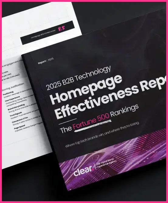 Cover of the 2025 B2B Technology Homepage Effectiveness Report booklet, featuring Fortune 500 rankings, placed on top of printed report pages with a black and purple design.