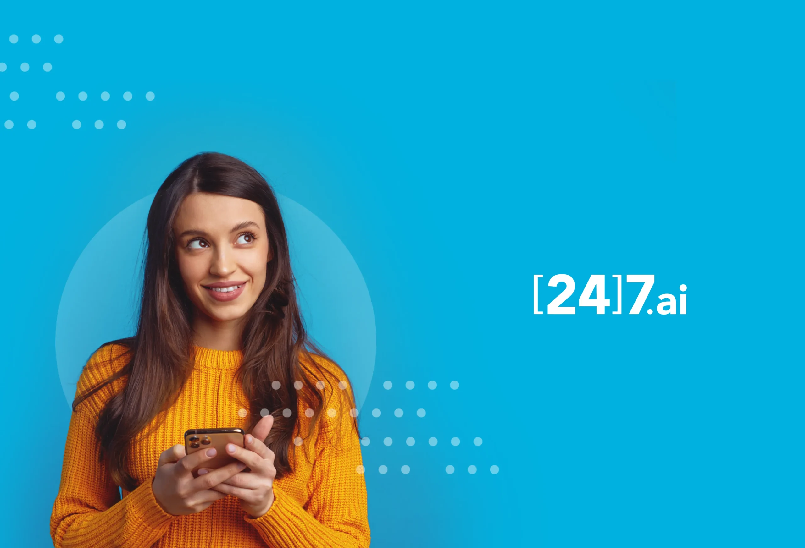 Smiling woman in yellow sweater using smartphone on blue background with 24.ai logo.
