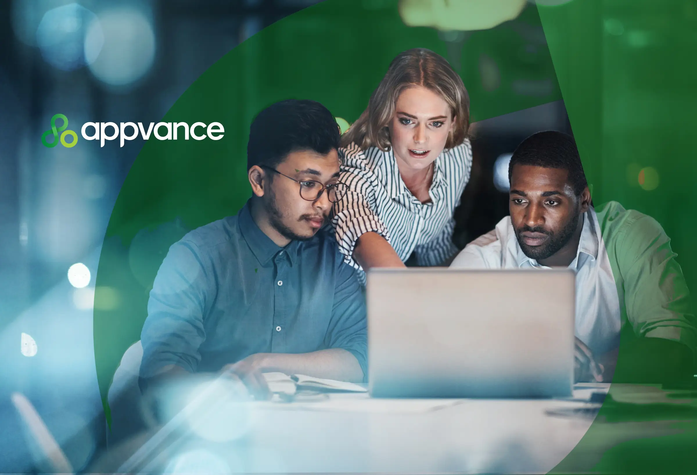 Appvance branding image with diverse team working together at a laptop, overlaid with company logo and green graphic