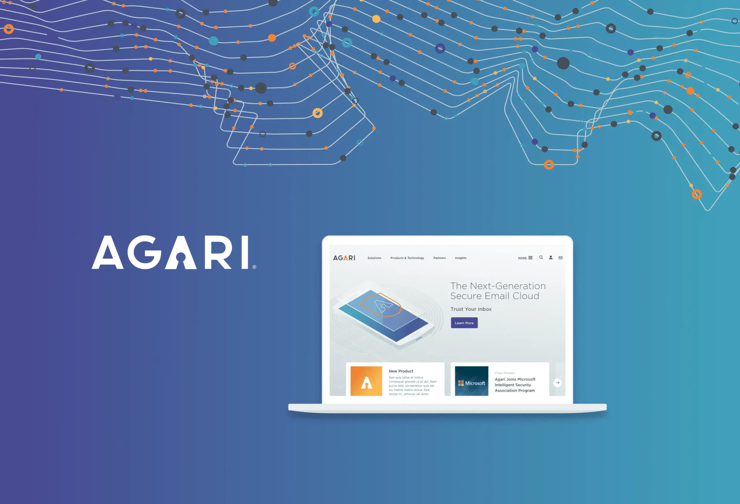 AGARI logo with flowing data lines above laptop mockup showing secure email cloud website on blue gradient background.
