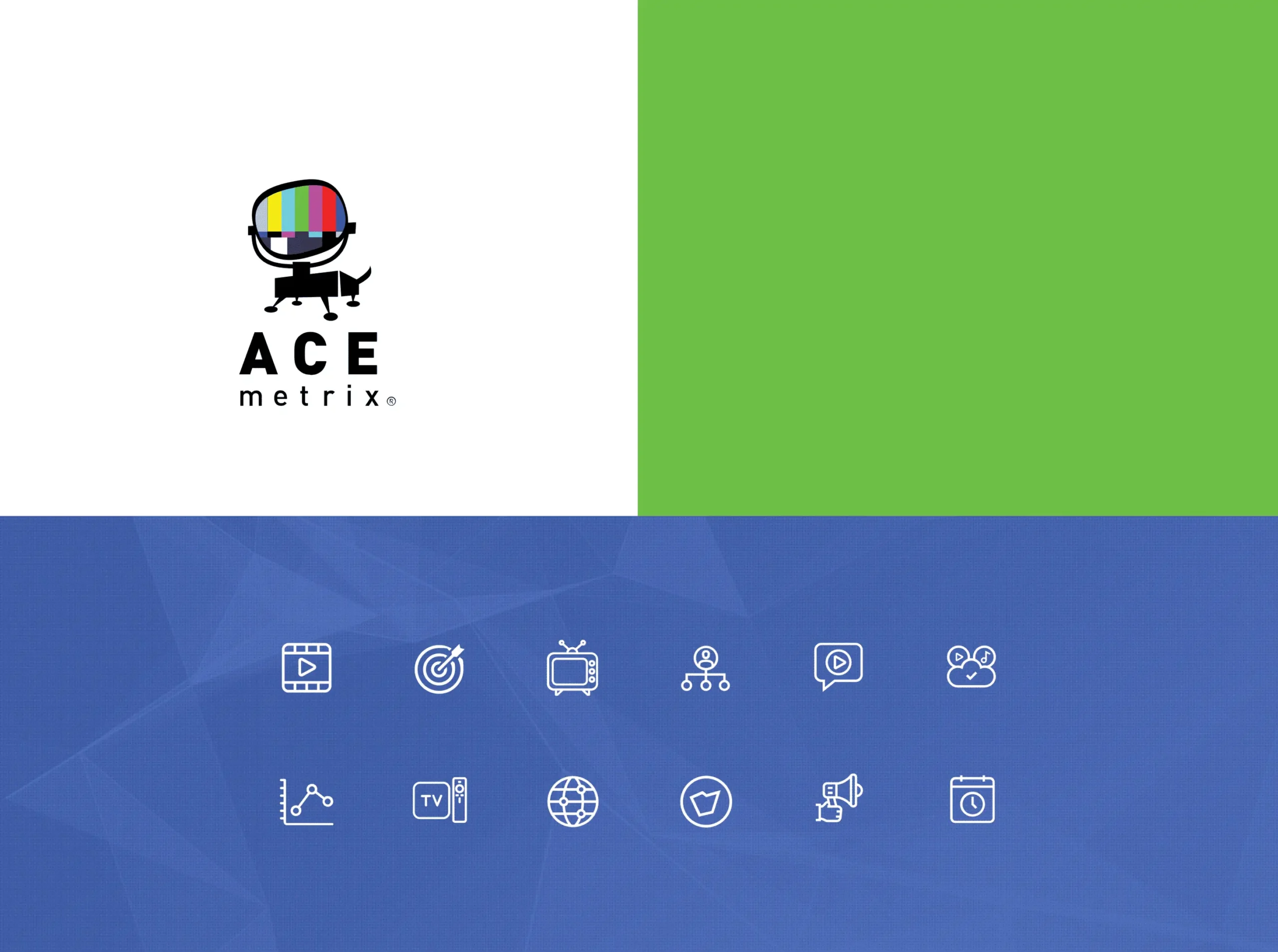 ACE Metrix logo above blue panel with white line icons representing video, targeting, TV, analytics, and marketing services.
