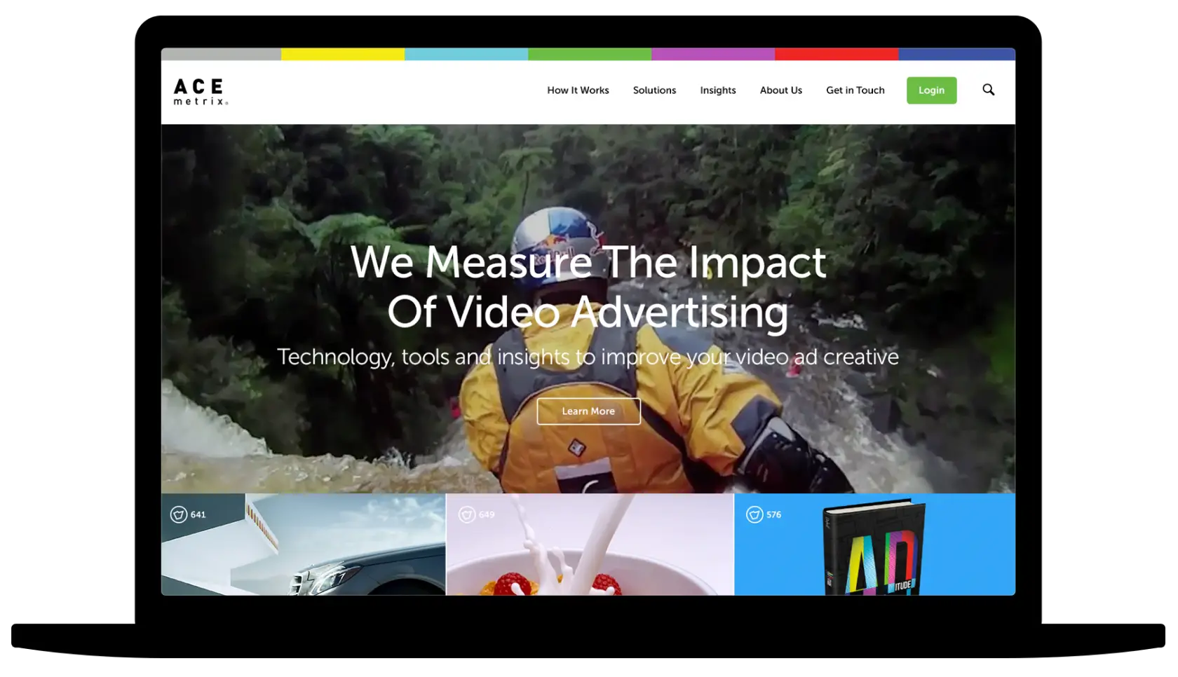 Laptop mockup showing ACE Metrix homepage with hero video and headline about measuring the impact of video advertising.