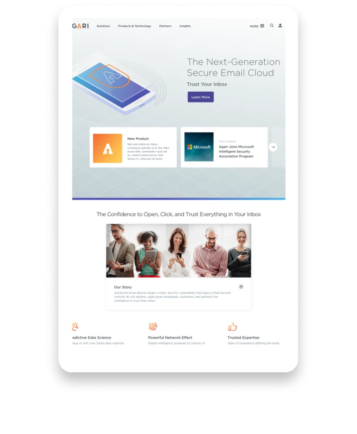 Tablet mockup showing Agari website promoting next-generation secure email cloud with hero banner and customer images.
