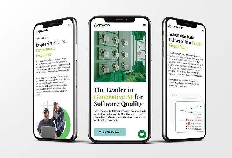 Three smartphones displaying different Appvance product screens highlighting support, generative AI, and actionable data for software quality