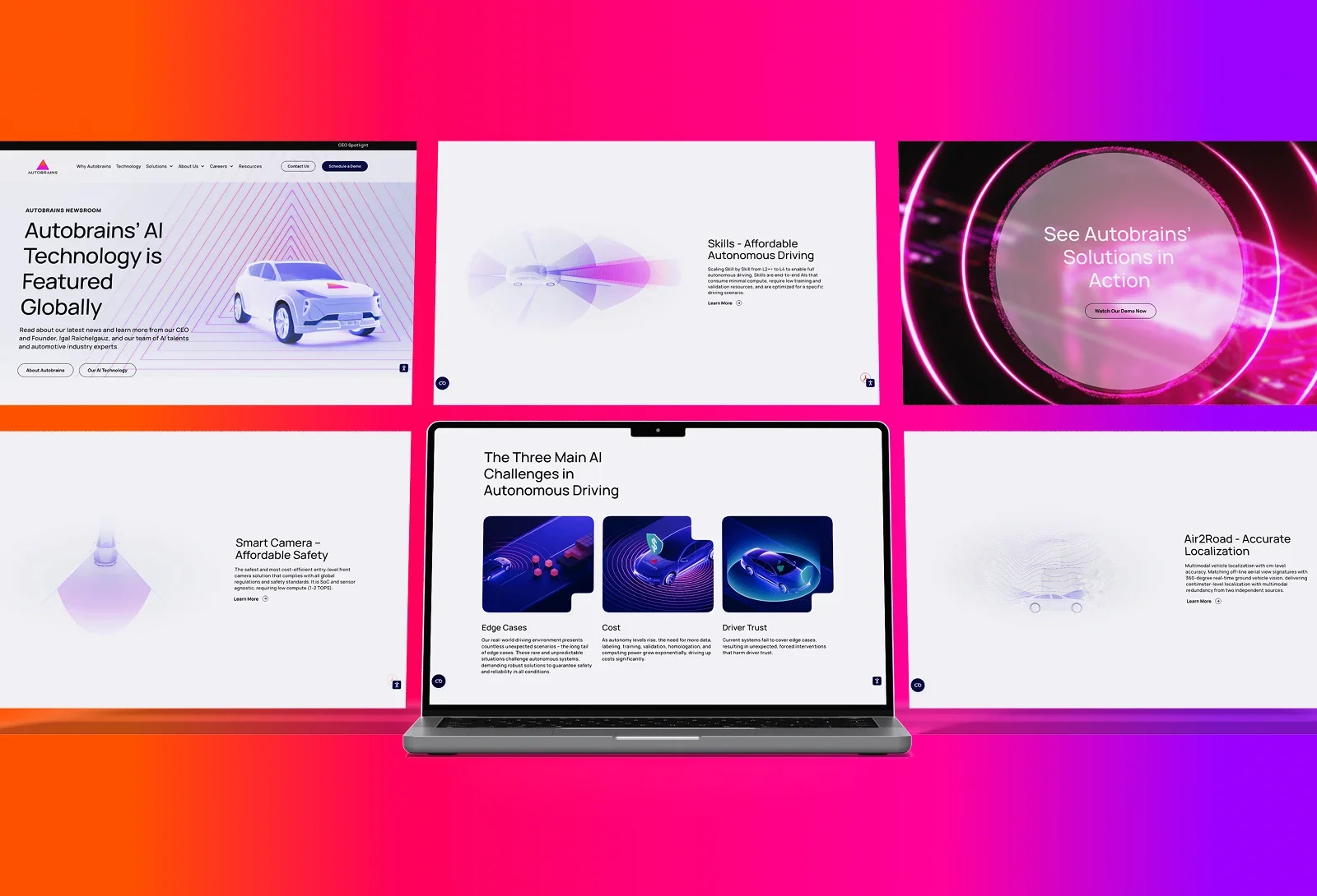Collage of Autobrains web pages and a laptop screen showcasing AI autonomous driving solutions on a pink gradient background.