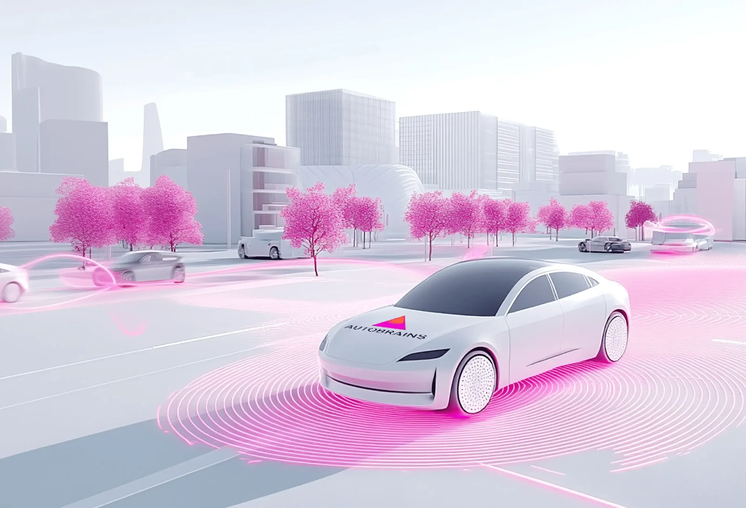 White Autobrains car in a stylized smart city, surrounded by pink sensing waves and connected vehicles.