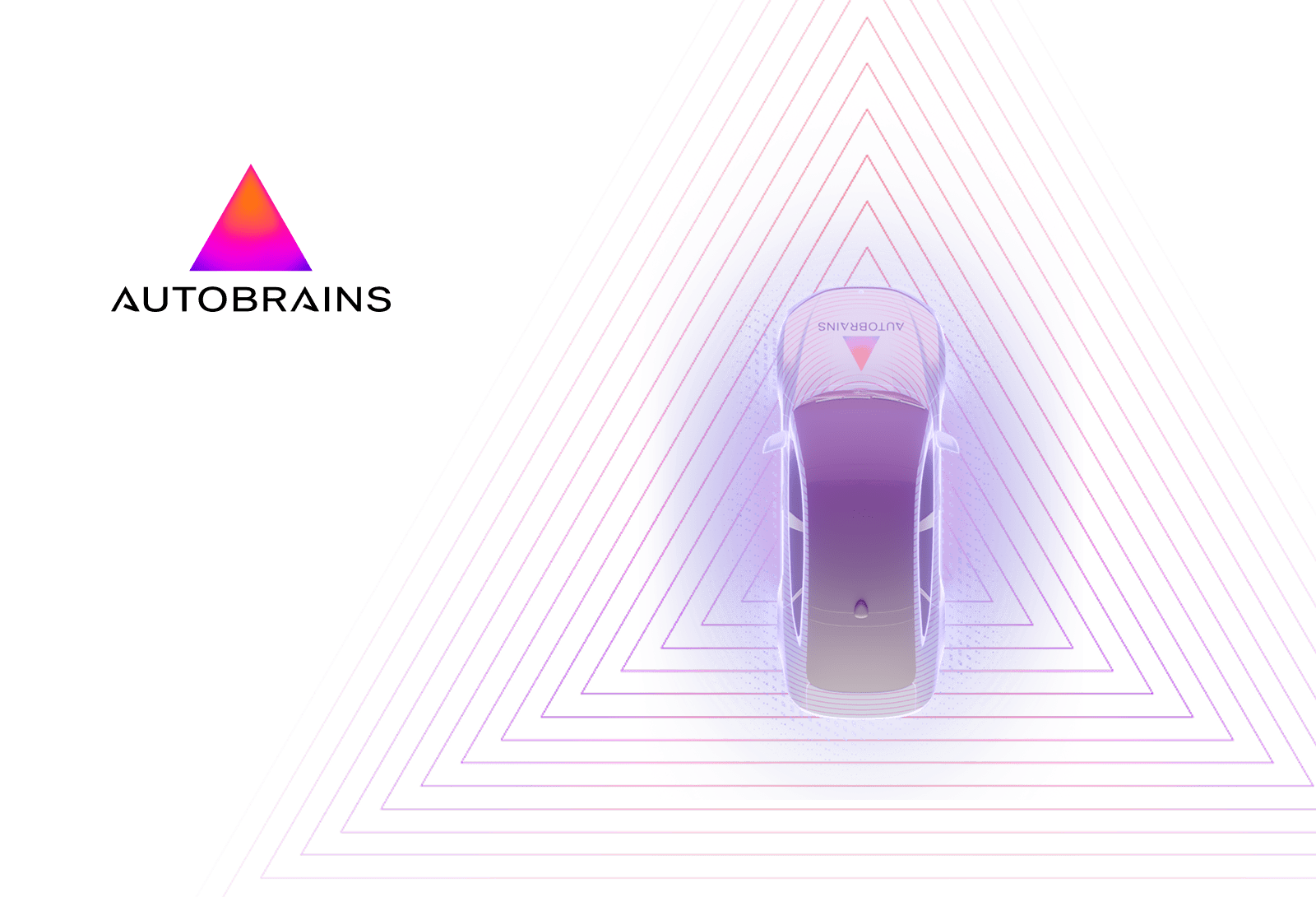 Top view of a futuristic car with Autobrains logo and gradient triangle radar pattern in the background.