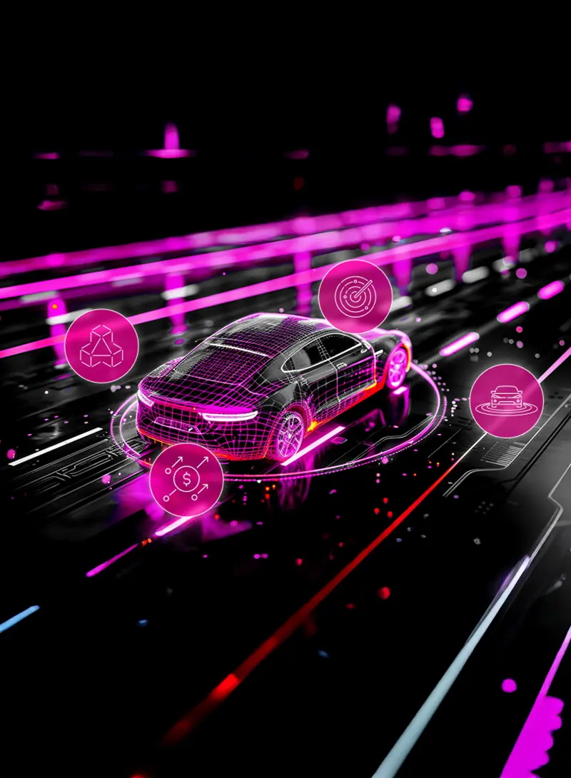Futuristic black car with neon pink wireframe and floating AI dashboard icons on a digital road.