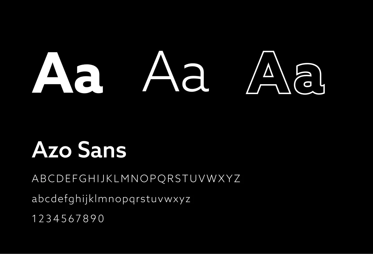 Azo Sans type specimen displaying uppercase, lowercase, and numeral samples