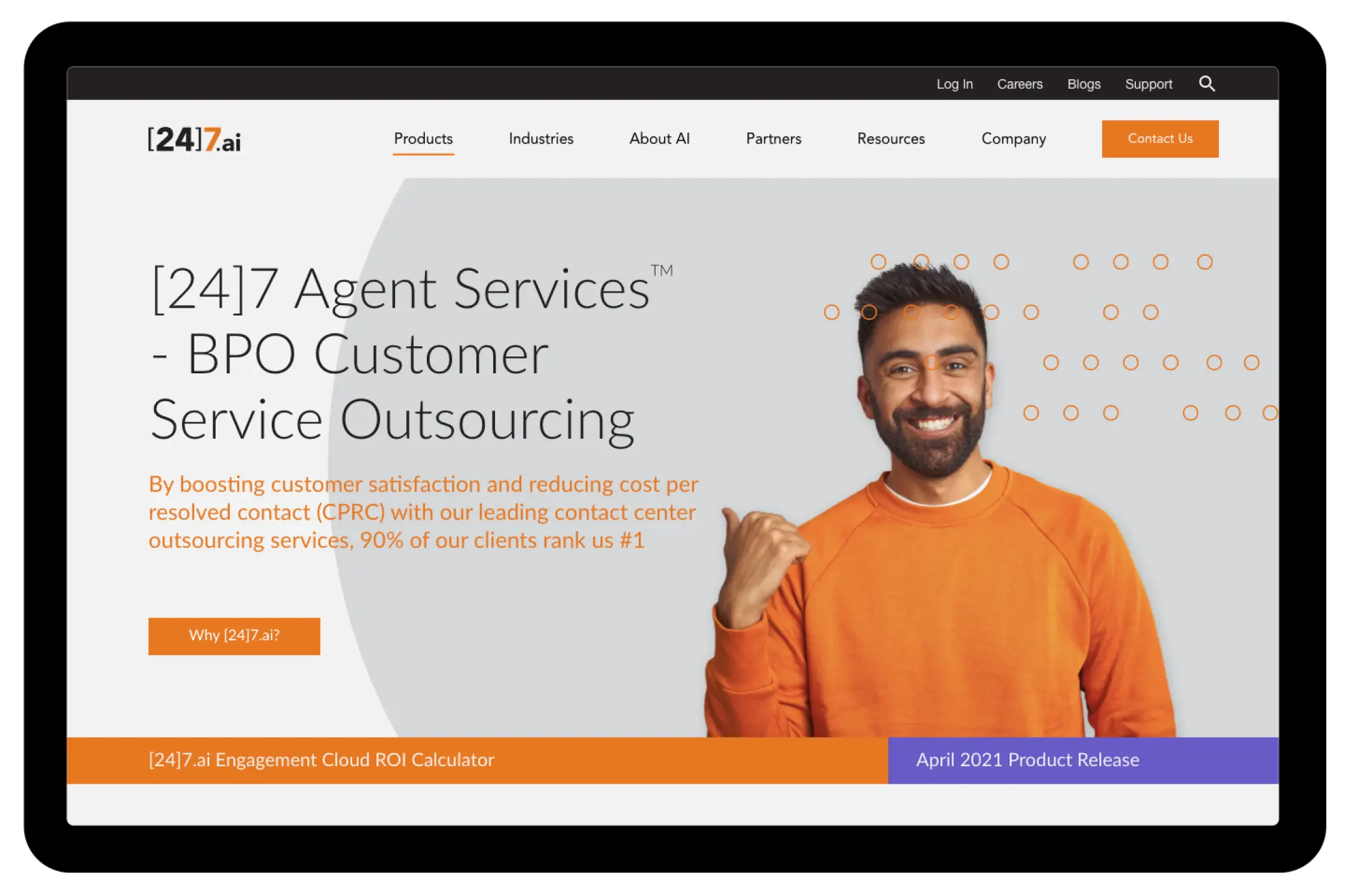 Hero banner showing a smiling man in orange sweater promoting 7.ai BPO customer service outsourcing.