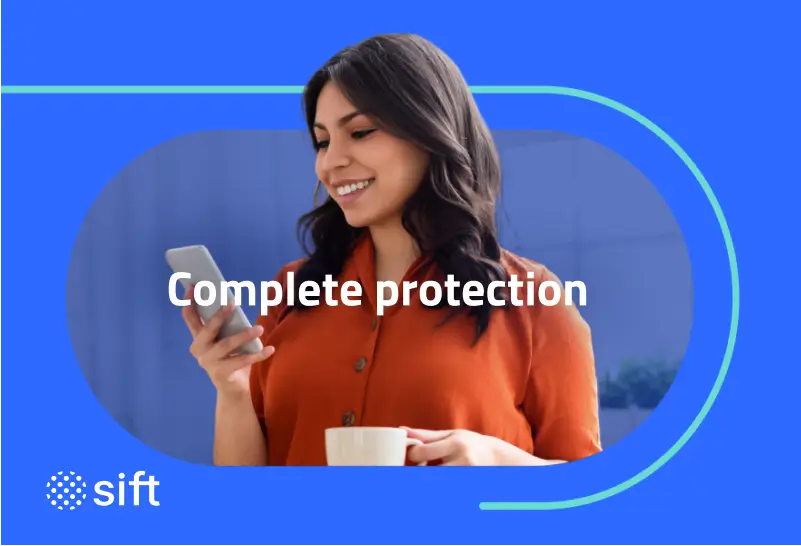 Smiling woman holding a smartphone and coffee cup with the text “Complete protection” and Sift logo on a blue background