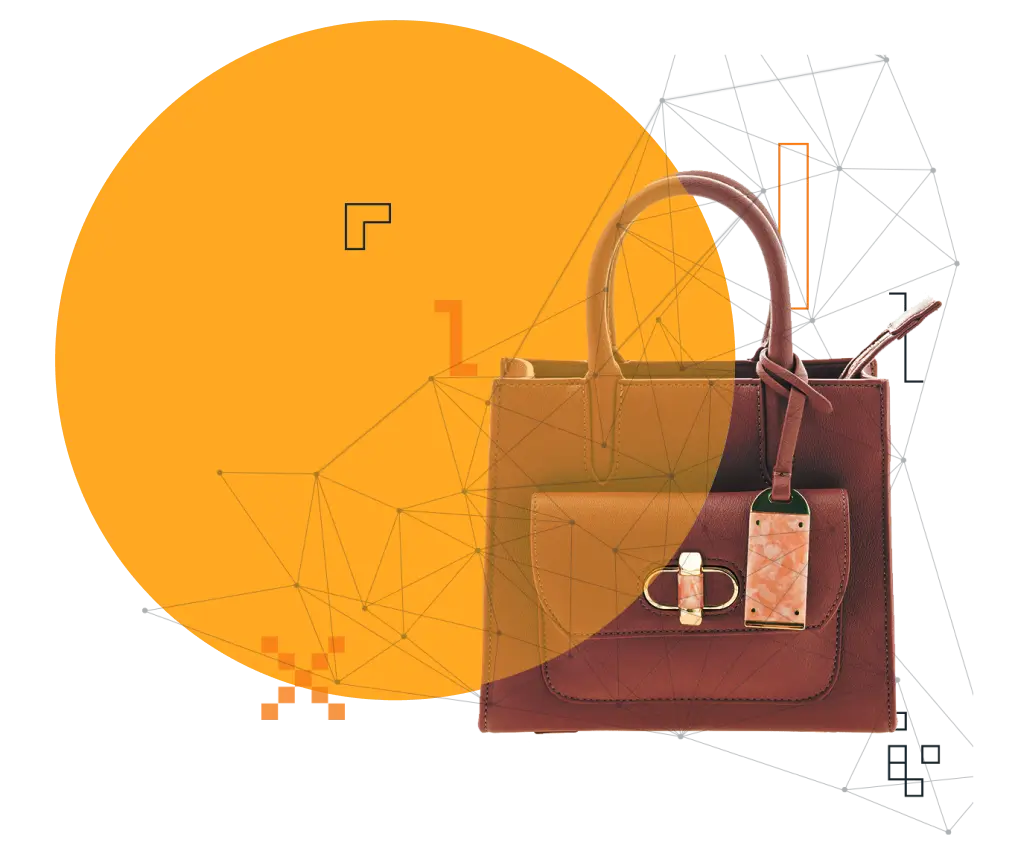 Brown handbag overlaid on a large orange circle with geometric network lines and digital UI accents.