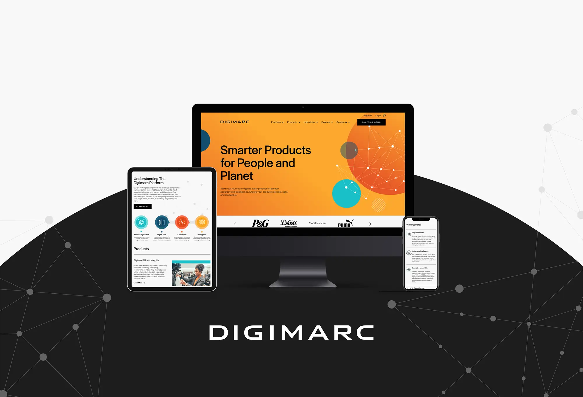 Digimarc website shown on desktop, tablet, and phone with orange hero screen and black network-pattern background.