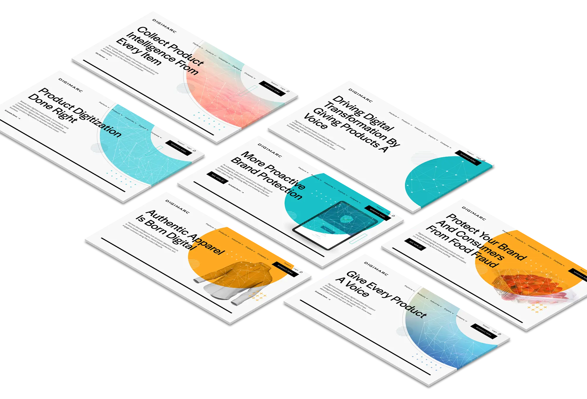 Isometric grid of Digimarc landing page tiles with colorful circular graphics and product digitization messages.