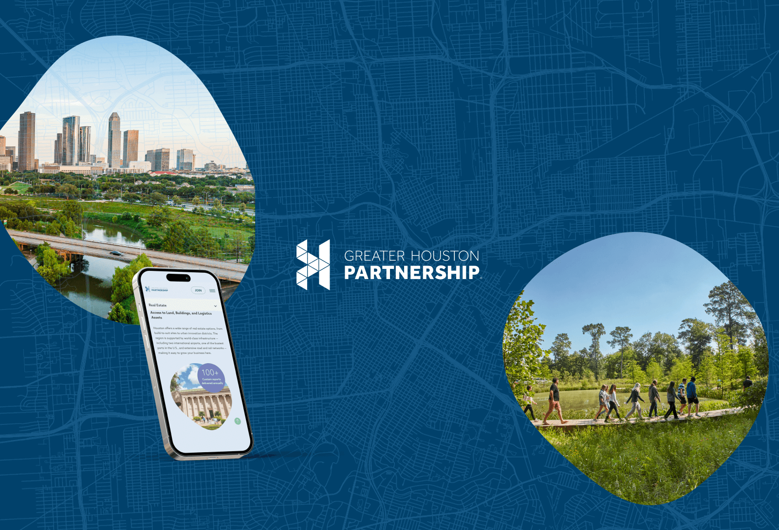 Greater Houston Partnership graphic with Houston skyline, people walking in a park, and a phone on a blue map background.
