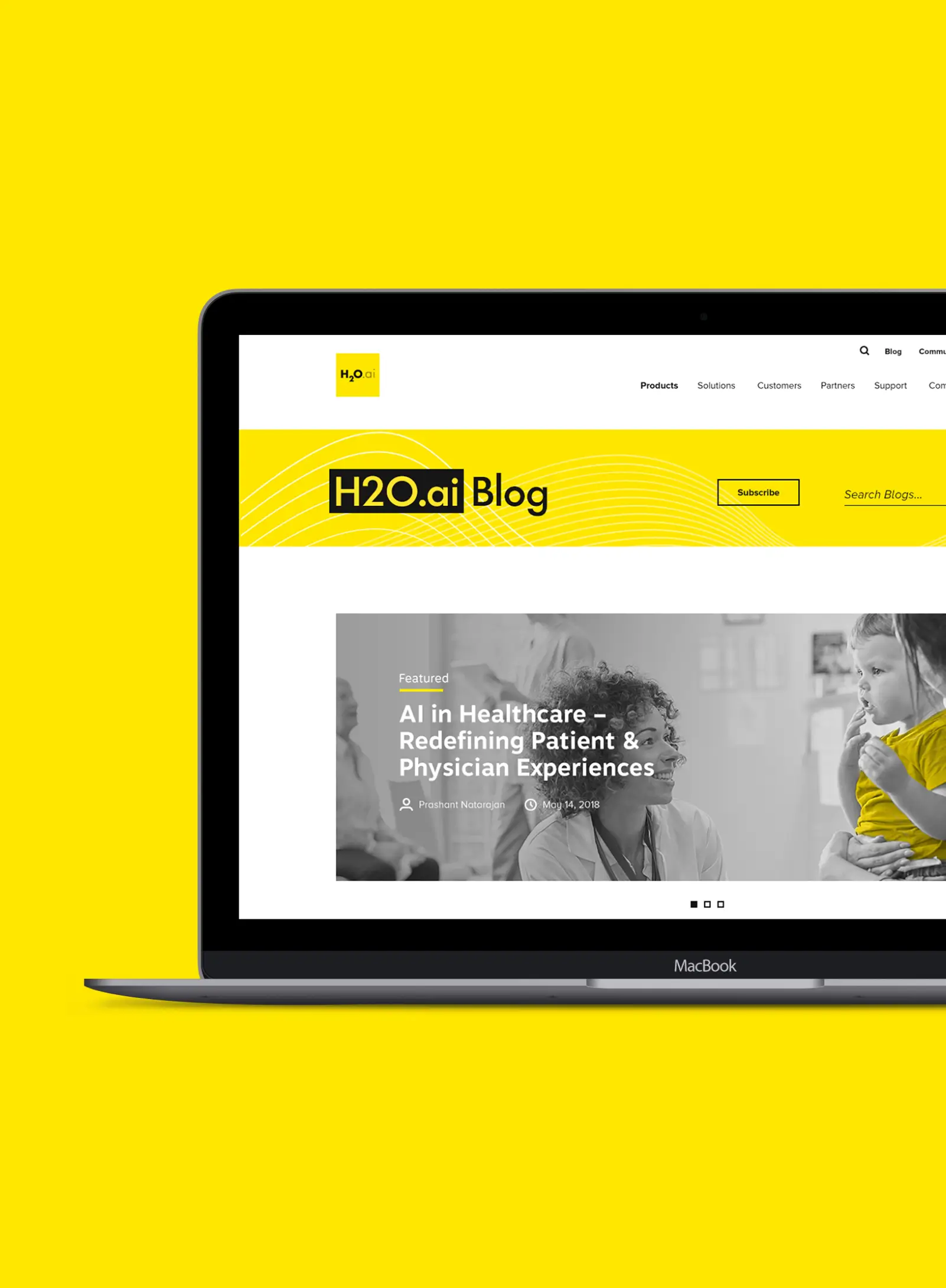 Open MacBook on solid yellow background displaying the H2O.ai Blog homepage with a featured AI in healthcare article banner.