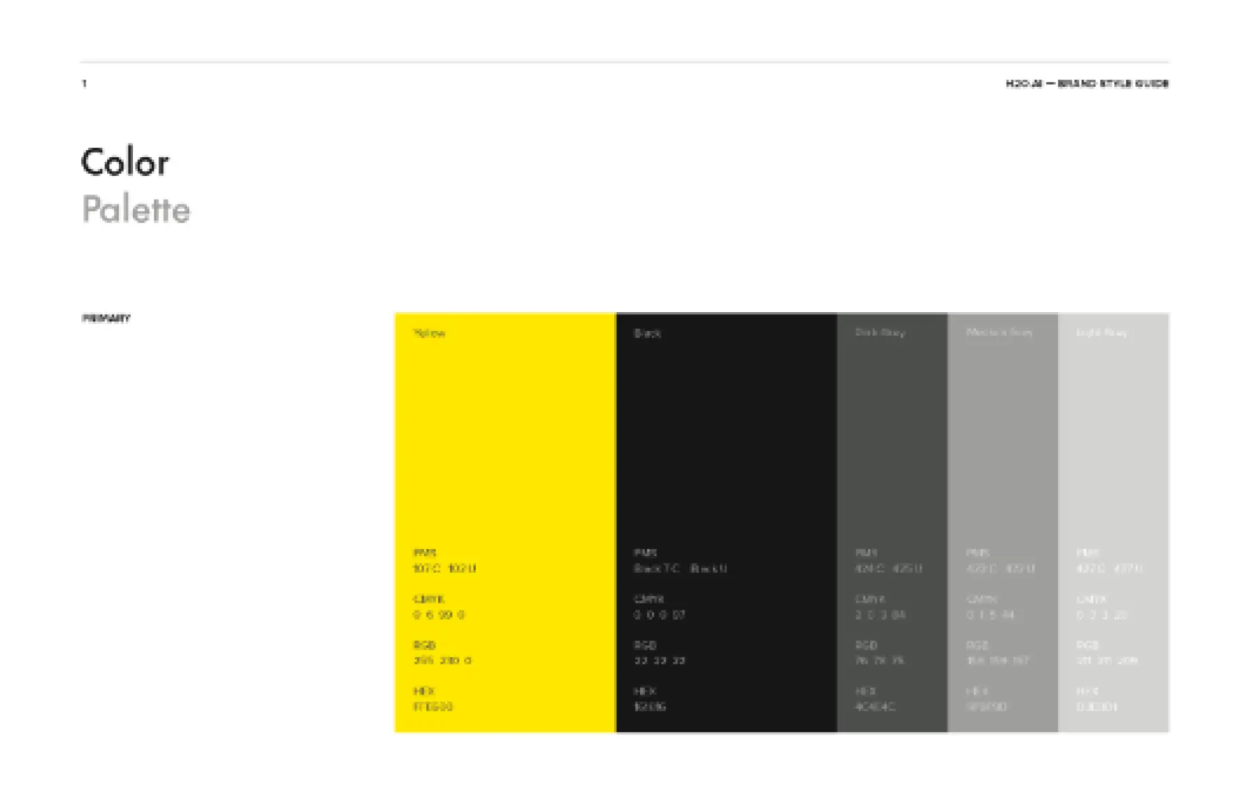 H2O.ai brand style guide page showing primary color palette with yellow, black, dark gray, medium gray, and light gray swatches and their color codes.