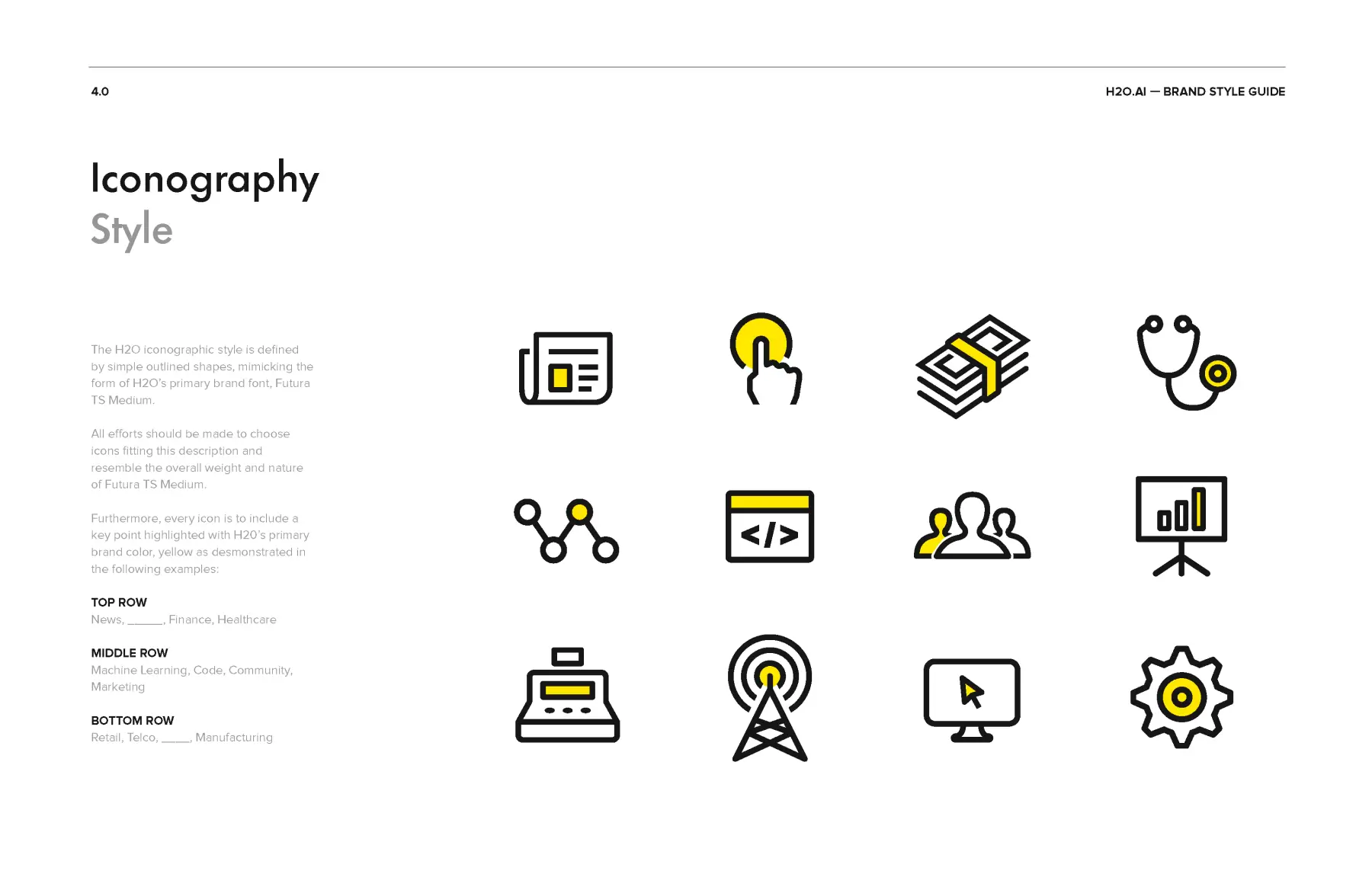 H2O.ai brand style guide page showing iconography style with simple black outlined icons highlighted in yellow accents, including news, touch, money, stethoscope, charts, and settings.
