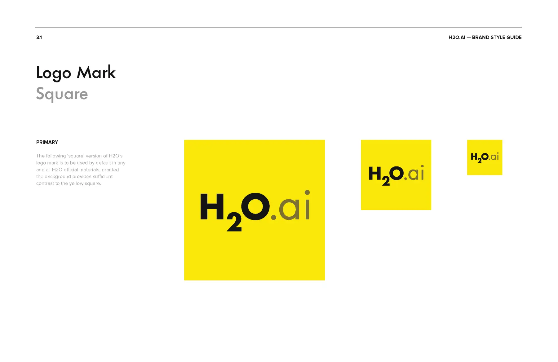 H2O.ai brand style guide page showing square yellow logo mark variations with the H2O.ai wordmark in different sizes.