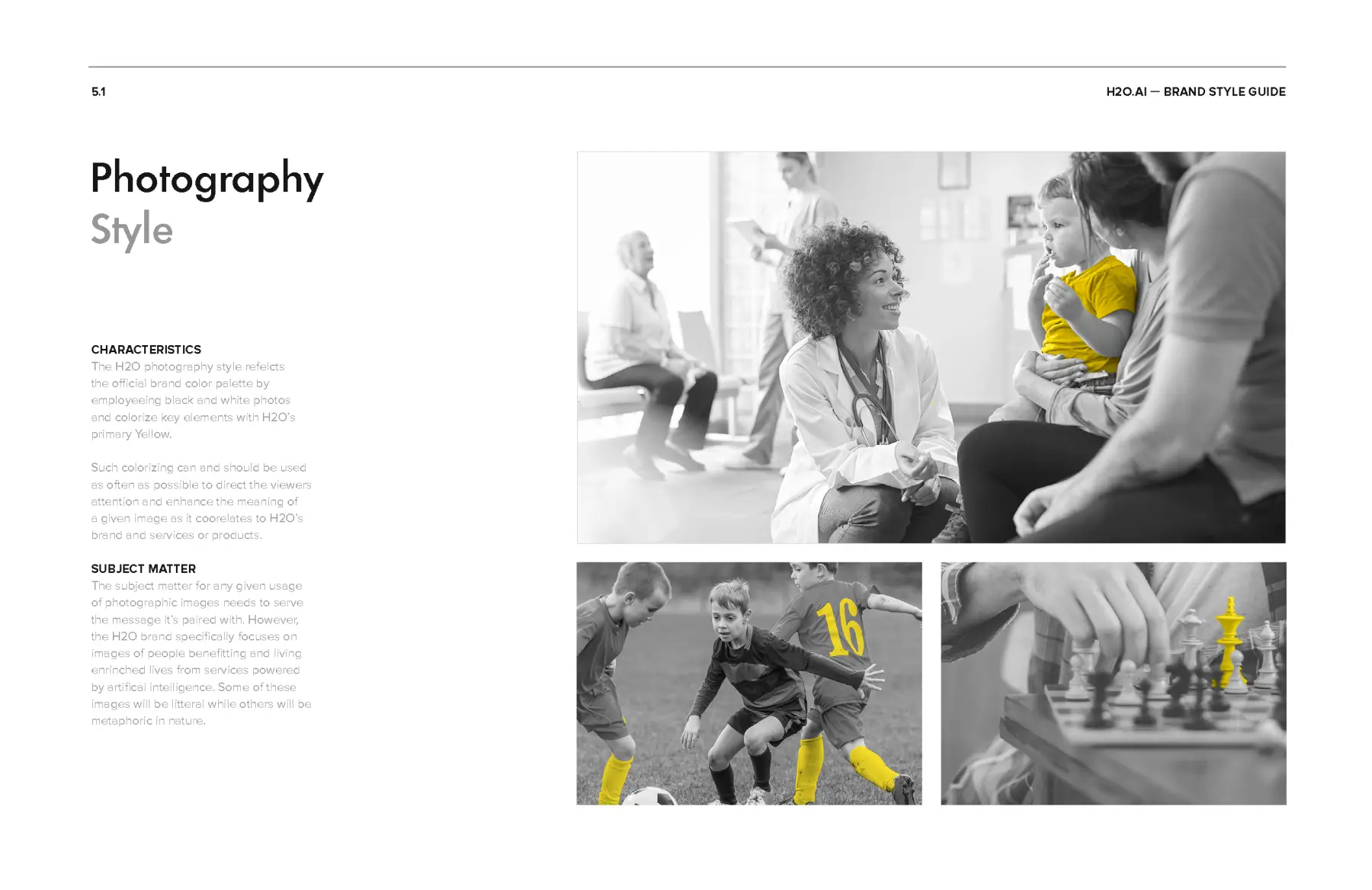 H2O.ai brand style guide page titled “Photography Style” showing black-and-white lifestyle photos with selective yellow accents on a child’s shirt, soccer gear, and chess piece.