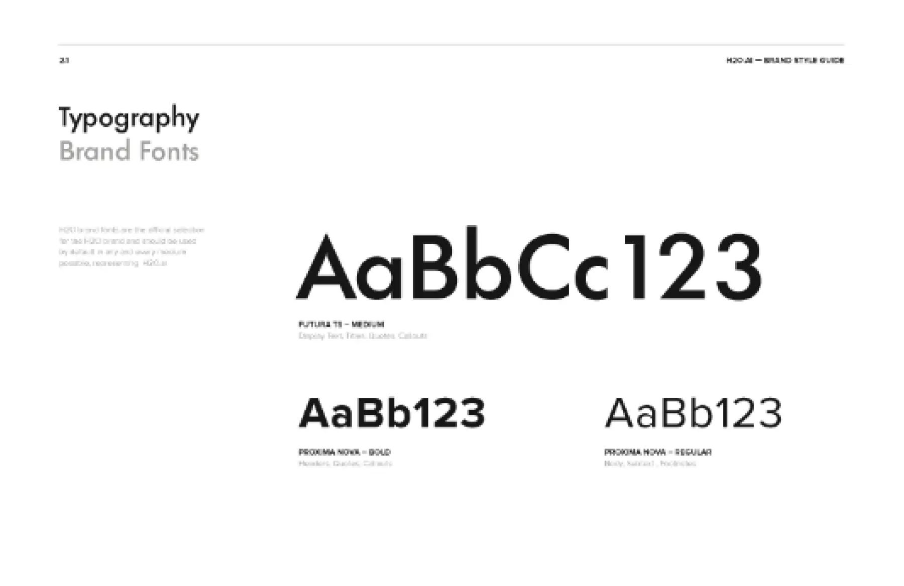 H2O.ai brand style guide page titled “Typography Brand Fonts” showing Futura TS Medium and Proxima Nova Bold and Regular alphabet and number samples.