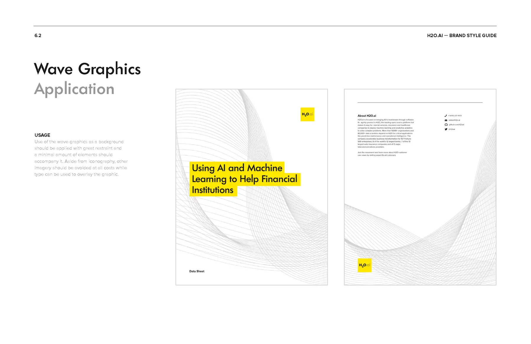 H2O.ai brand style guide page titled “Wave Graphics Application” showing two white covers with subtle gray wave patterns and yellow H2O.ai accents.