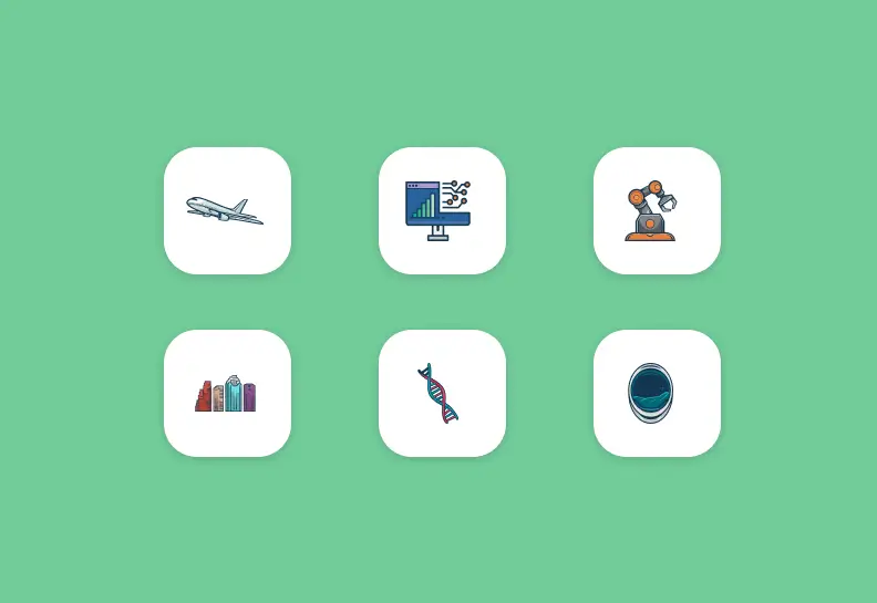 Six industry icons displayed in rounded square tiles on a green background.