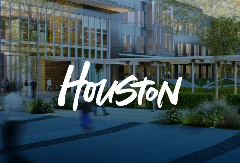 Houston city logo in white script over a modern office building background