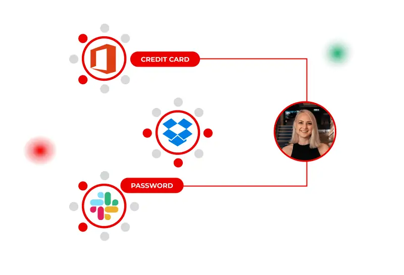 Data access flow diagram showing app icons connected to a user profile, labeled with credit card and password indicators.