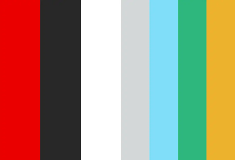 Lightbeam brand color palette showing swatches of red, charcoal black, white, light gray, light blue, teal, and mustard yellow.