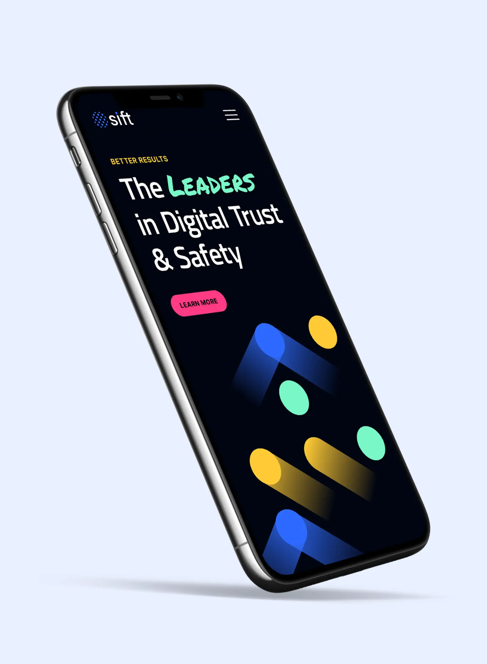 Sift mobile website showing “The Leaders in Digital Trust & Safety” on a smartphone screen