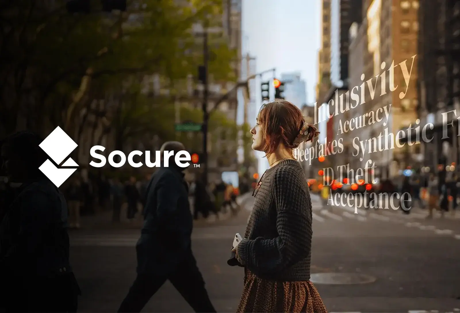 People crossing a city street, with a woman in the foreground and digital words like 'Inclusivity', 'Accuracy', and 'ID Theft' projected over the scene