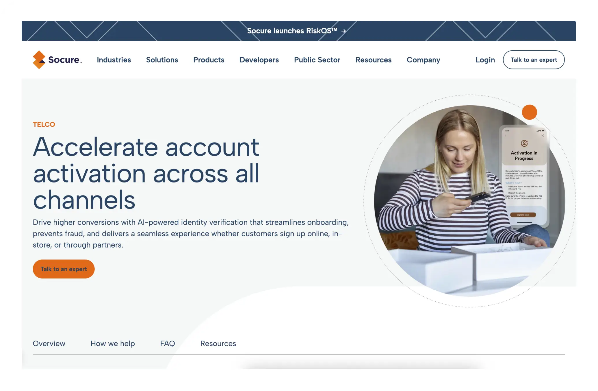 Person holding a tablet and scanning a code for account activation within an AI-powered identity verification interface