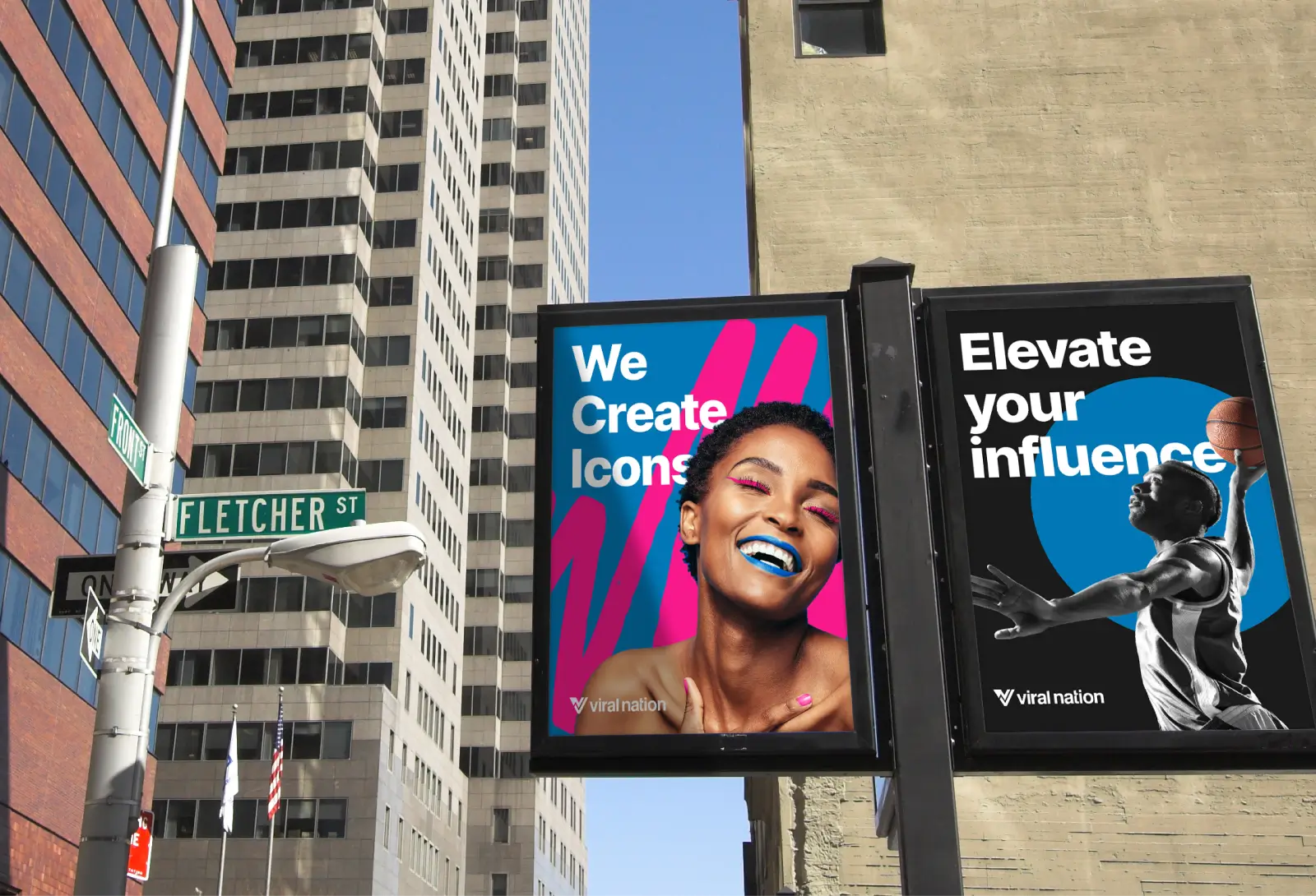 Viral Nation street posters in city.