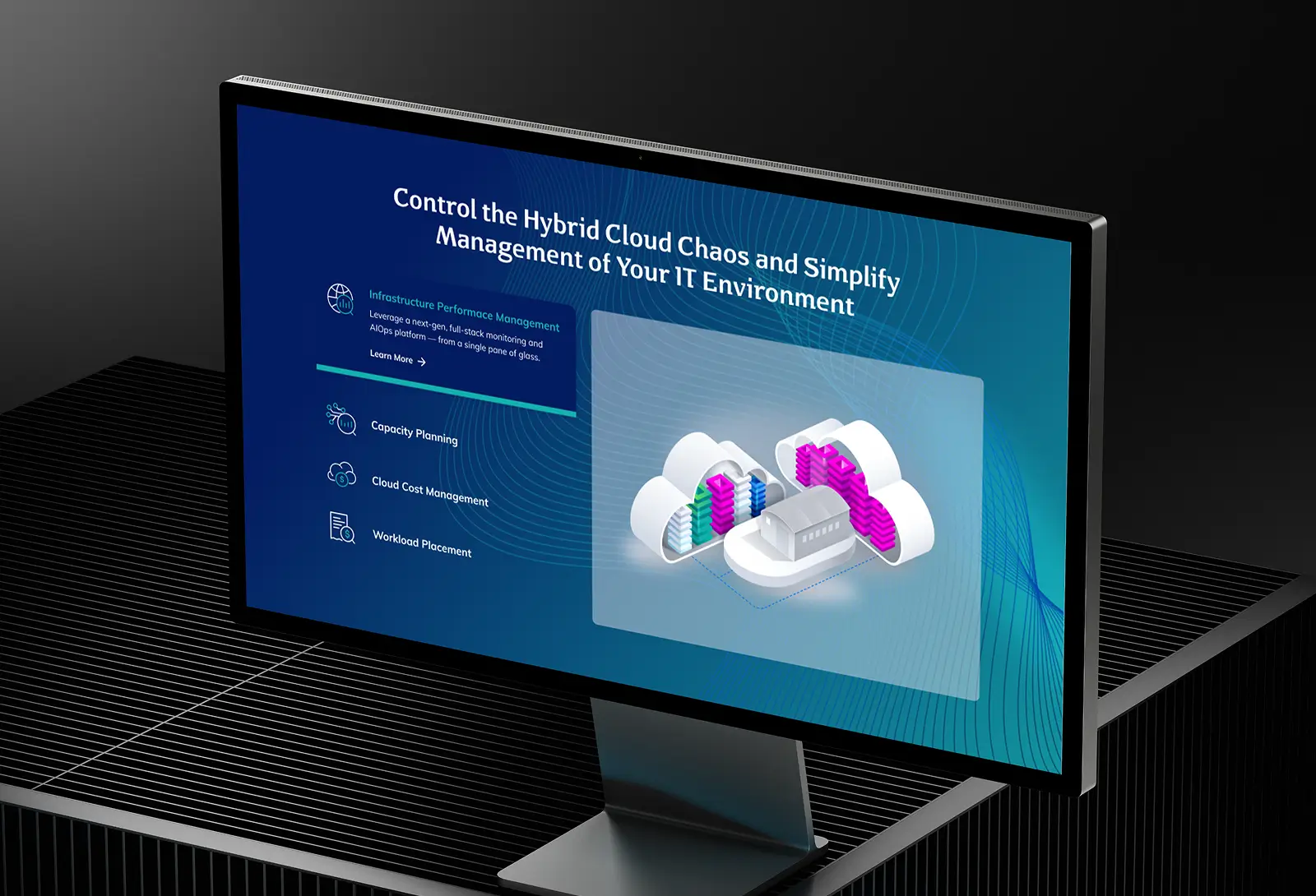 Computer monitor displaying Virtana platform screen for hybrid cloud management, showing features like infrastructure performance, capacity planning, cost management, and workload placement