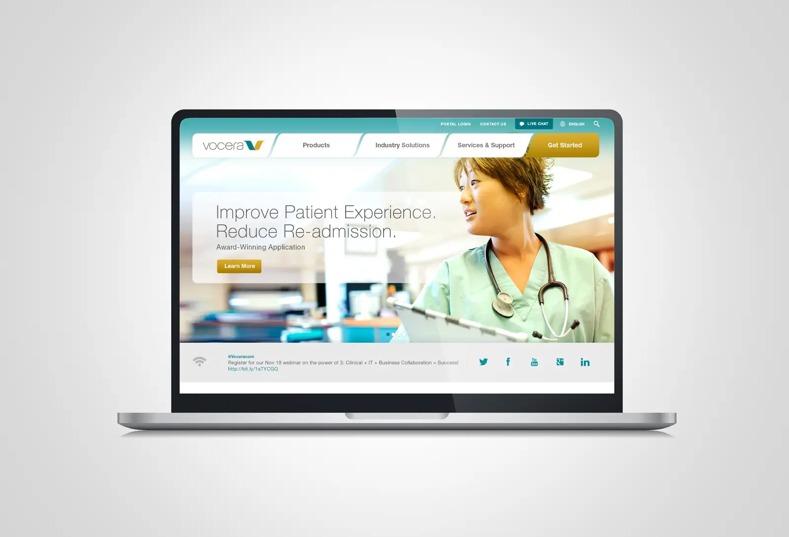 Vocera healthcare software website displayed on a laptop screen with a nurse image and messaging focused on improving patient experience and reducing readmission.