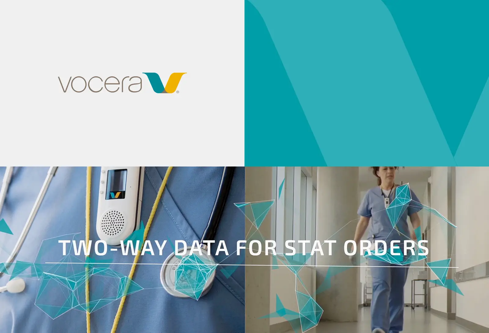 Vocera healthcare technology graphic showing nurse communication device and the text ‘Two-way data for STAT orders,’ highlighting real-time medical data support.