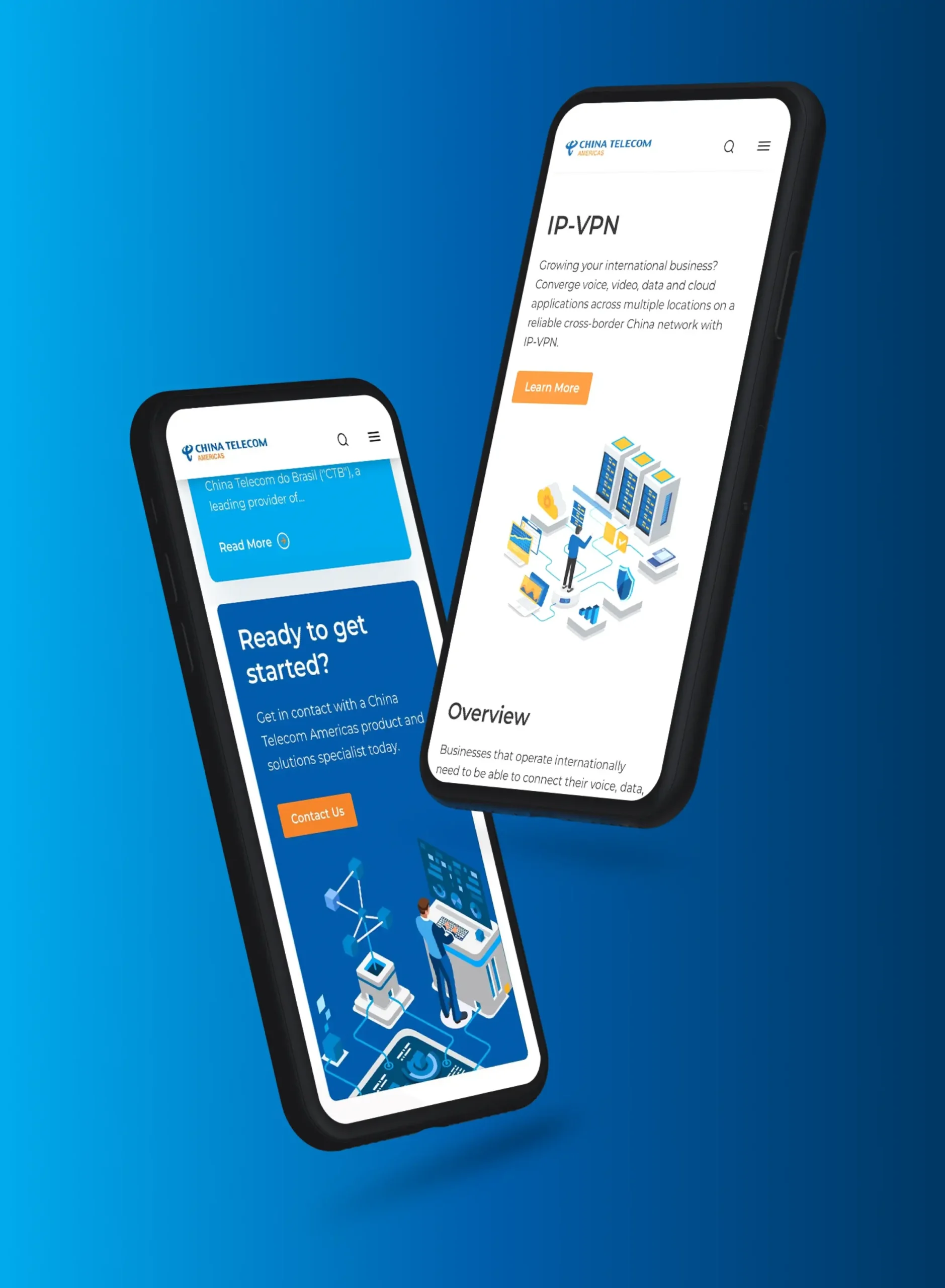 Mobile screens displaying China Telecom IP-VPN content.