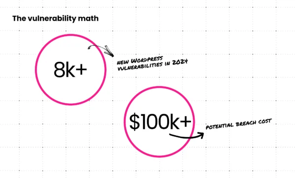 Two statistics: more than 8,000 new WordPress vulnerabilities discovered in 2024, and potential breach costs of $100,000 or more.