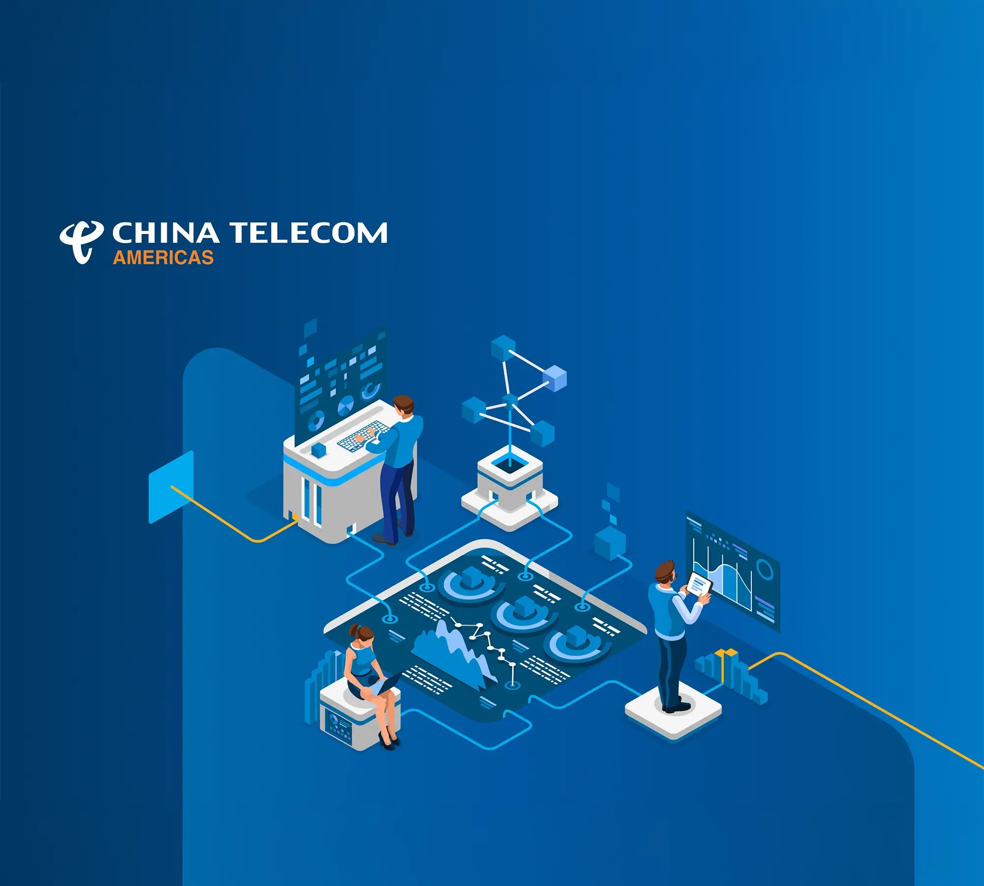 Illustration of a connected data network with people analyzing dashboards and systems, branded “China Telecom Americas,” on a blue background.