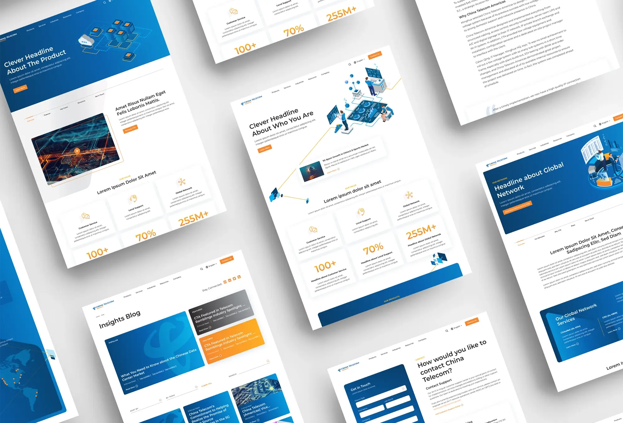 Collection of modern website UI mockups featuring clean layouts, blue branding, and data-focused sections for a telecom platform.