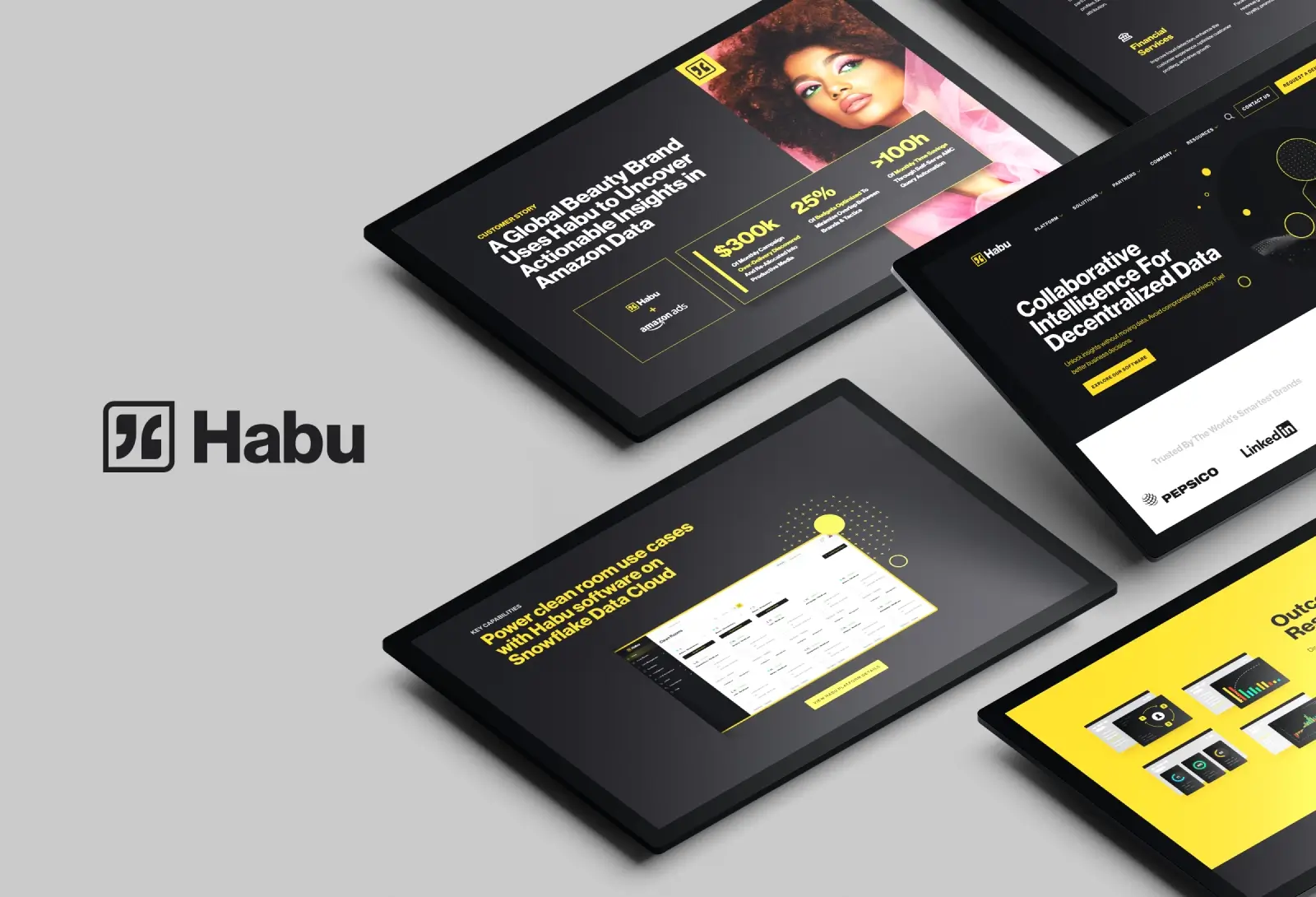 Habu brand showcase featuring multiple website and dashboard designs displayed on angled digital screens with black and yellow branding.
