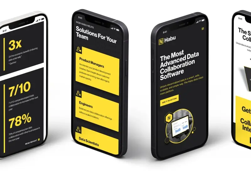 Multiple smartphones displaying Habu mobile interface designs for data collaboration and analytics solutions.