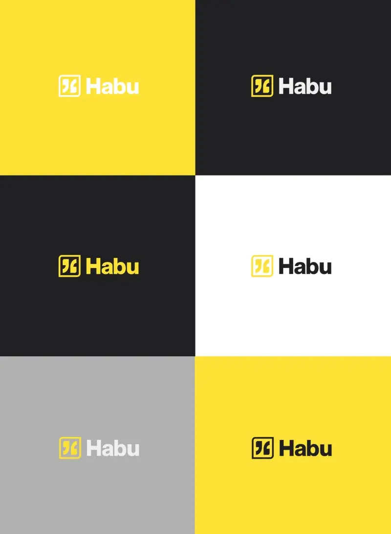 Collection of Habu logo variations displayed on yellow, black, gray, and white background color combinations.