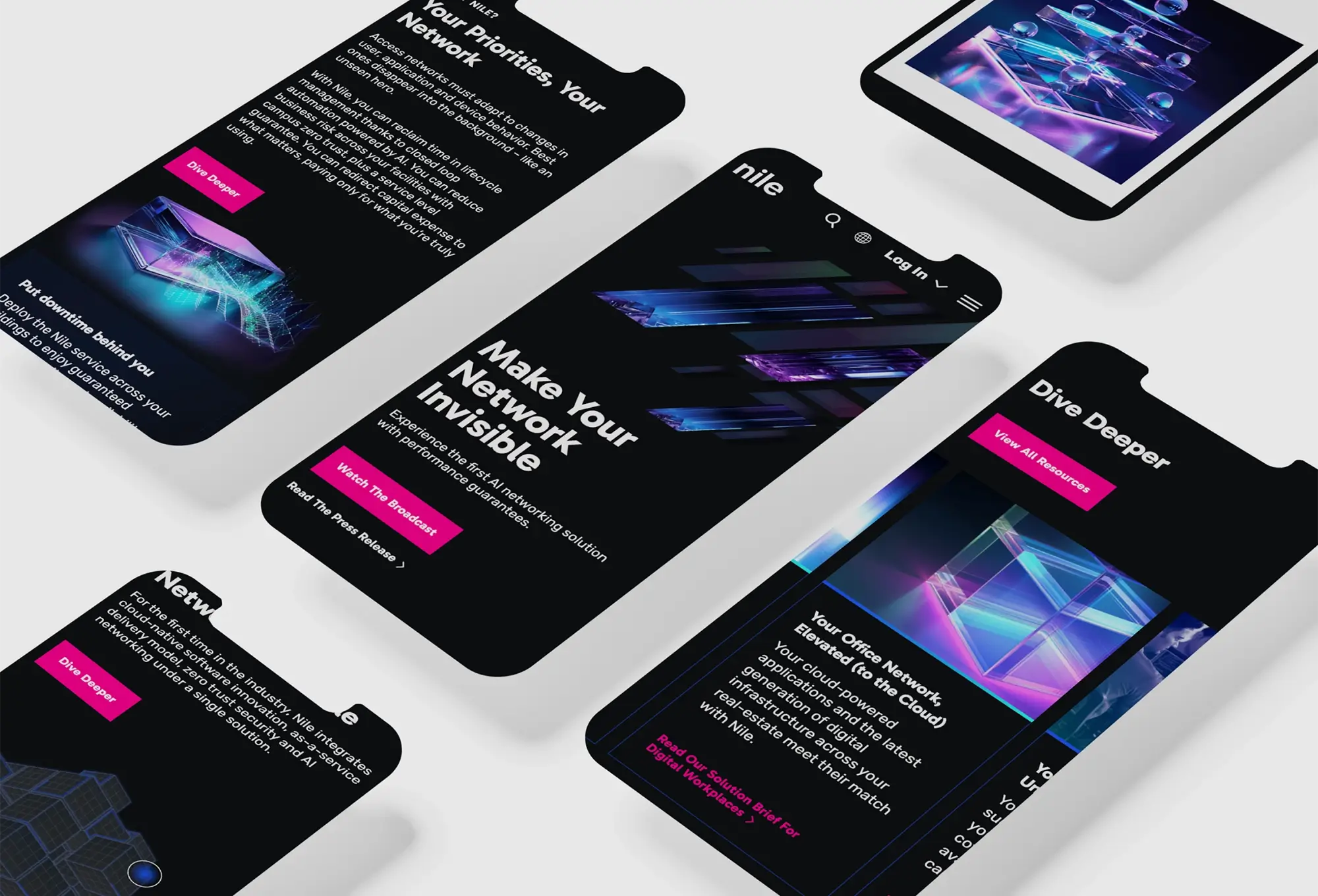 Dark-themed mobile UI mockups showcasing a futuristic networking app with neon gradients, bold typography, and call-to-action buttons.
