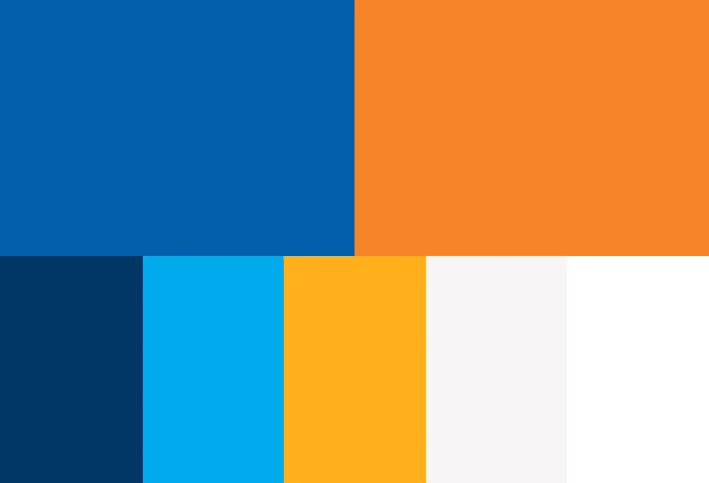 Grid of bold brand color swatches featuring blue, orange, yellow, gray, and teal tones.